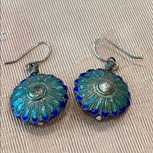 Earrings. Peacock Colors of blue, green, copper brown. Aged Patina.